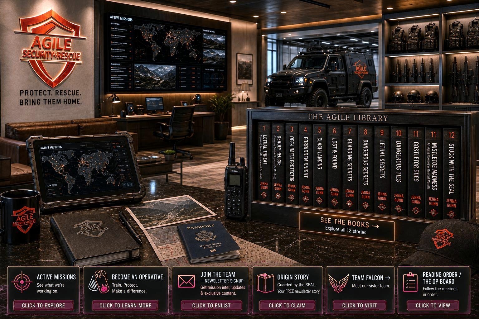 Agile Security & Rescue team room, the active missions board, the Agile library, and quick links