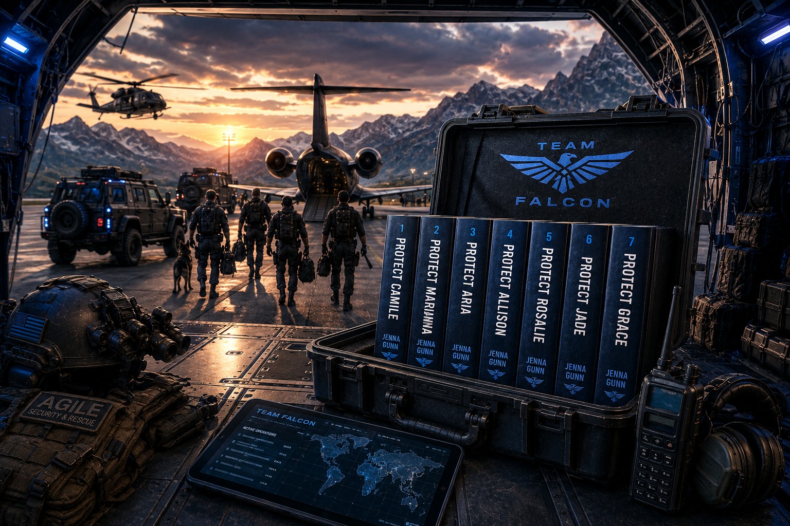 Team Falcon, the operatives walk off a transport jet at a mountain airstrip beside a case of seven Protect novels