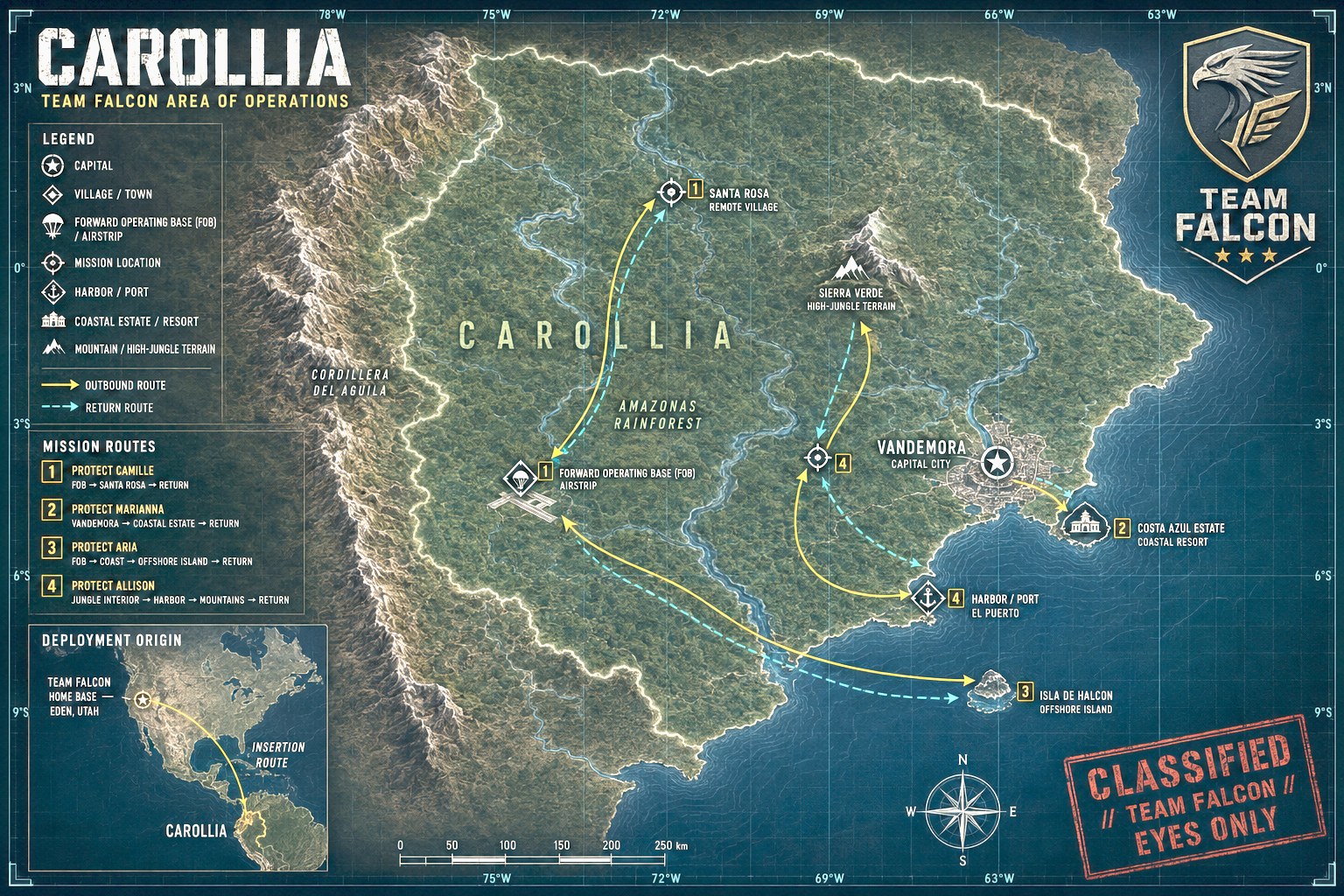 Team Falcon mission map, Carollia area of operations