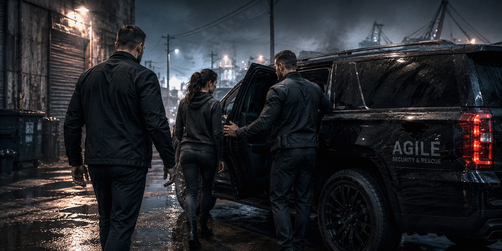 The Protectors, operatives escort a woman to a waiting Agile vehicle on a rain-slicked dock at night